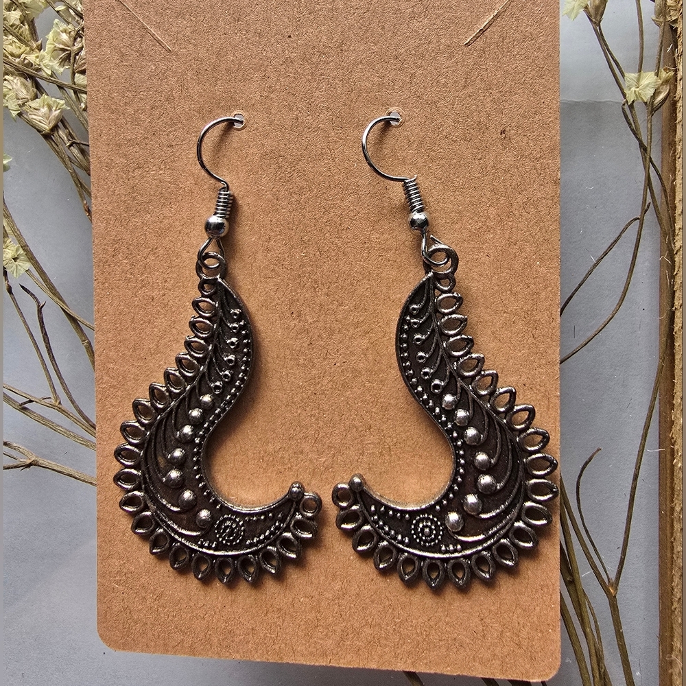 Boho Crescent Statement Earrings | Blackened Metal Tribal Earrings | Festival